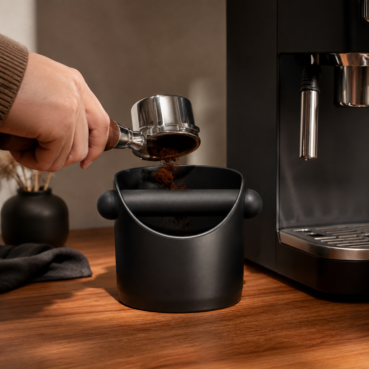 Gentle Brew Espresso Knock Box in use — knocking coffee grounds from portafilter