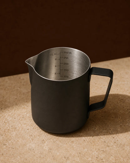 Precision Milk Pitcher in Black — travertine surface, engraved ml and oz measurement markings visible