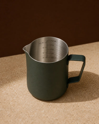 Precision Milk Pitcher in Dark Green — travertine surface, engraved ml and oz measurement markings visible