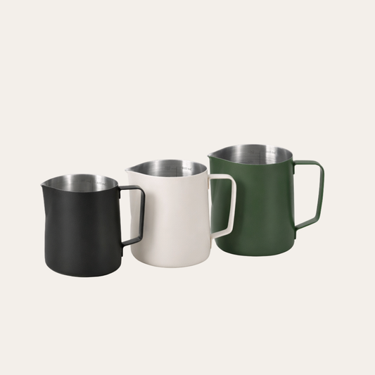 Precision Milk Pitcher — Black, Beige and Dark Green, all three finishes